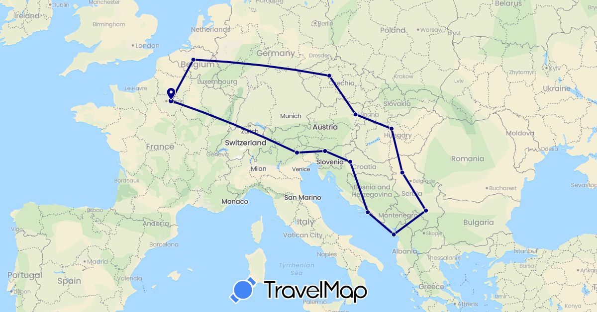 TravelMap itinerary: driving in Austria, Belgium, Czech Republic, France, Croatia, Hungary, Italy, Montenegro, Serbia, Slovenia (Europe)